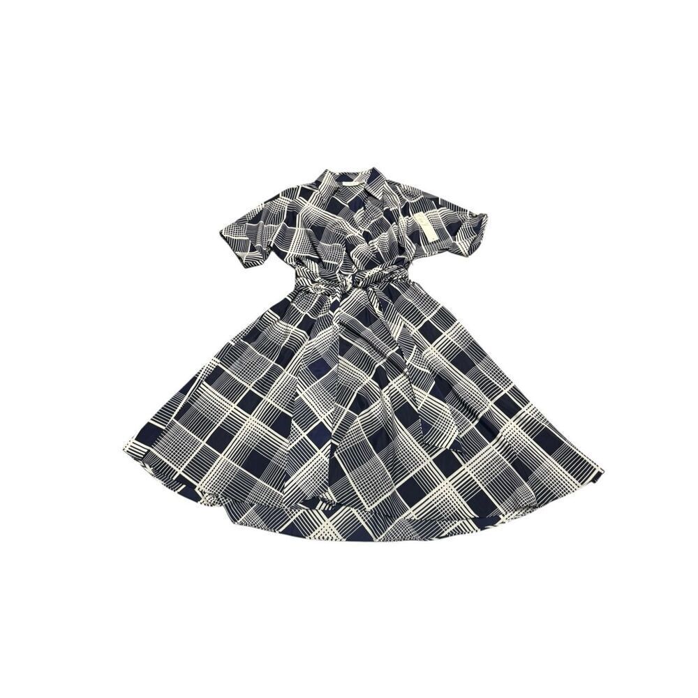 NWT women’s ELIZA  J navy blue Plaid Surplice Midi Dress with waist tie size 8 - Picture 3 of 10